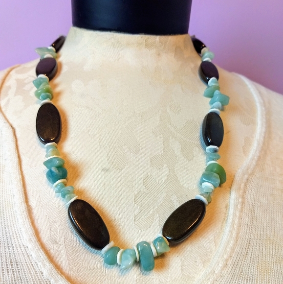 Piece #272 "Jungle" Amazonite Shell Wood Necklace - Picture 3 of 3
